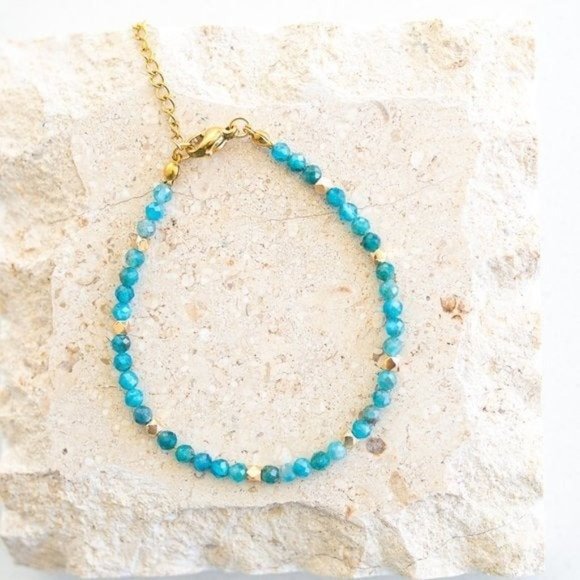Teal Blue Gemstone Beaded Bracelet Stacking bracelet apatite gemstone bracelet - Picture 4 of 12